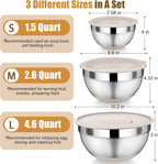 P&P CHEF Mixing Bowl with Lids Set of 3, Stainless Steel Nesting Salad Bowls for Serving Preparing, 3 Grater Attachments & Non-Slip Bottoms, Size 1.5/2.6/4.6 QT, Khaki