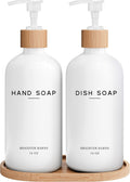 White Glass Hand and Dish Soap Dispenser Set by Brighter Barns - Kitchen Soap Dispenser Set with Tray - Glass Bottles for Kitchen Sink - Housewarming Gift, Countertop Decor, Boho Home Decor (White)