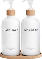 White Glass Hand and Dish Soap Dispenser Set by Brighter Barns - Kitchen Soap Dispenser Set with Tray - Glass Bottles for Kitchen Sink - Housewarming Gift, Countertop Decor, Boho Home Decor (White)