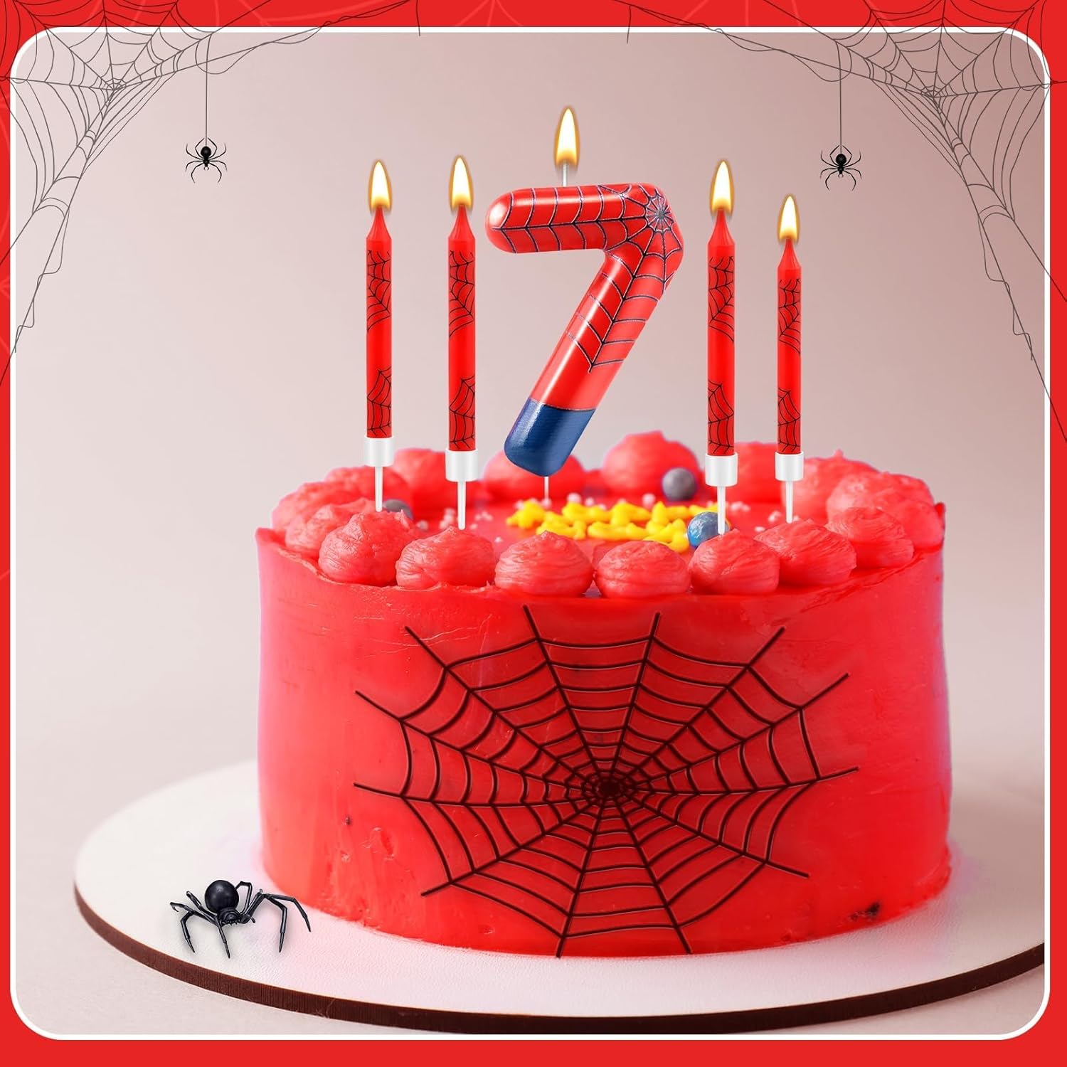 13 Pcs Spider Themed Birthday Candle Set Red Spider Theme Number 7 Candle Cake Topper for Boys Girls Birthday Decoration Spider Party Decoration Supplies (Number 7)