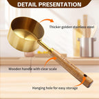 4 Piece gold measuring cups set，Golden Stainless Steel Measuring Cup and spoons set with Wooden Handle for Food/Liquid/Baking in the Kitchen
