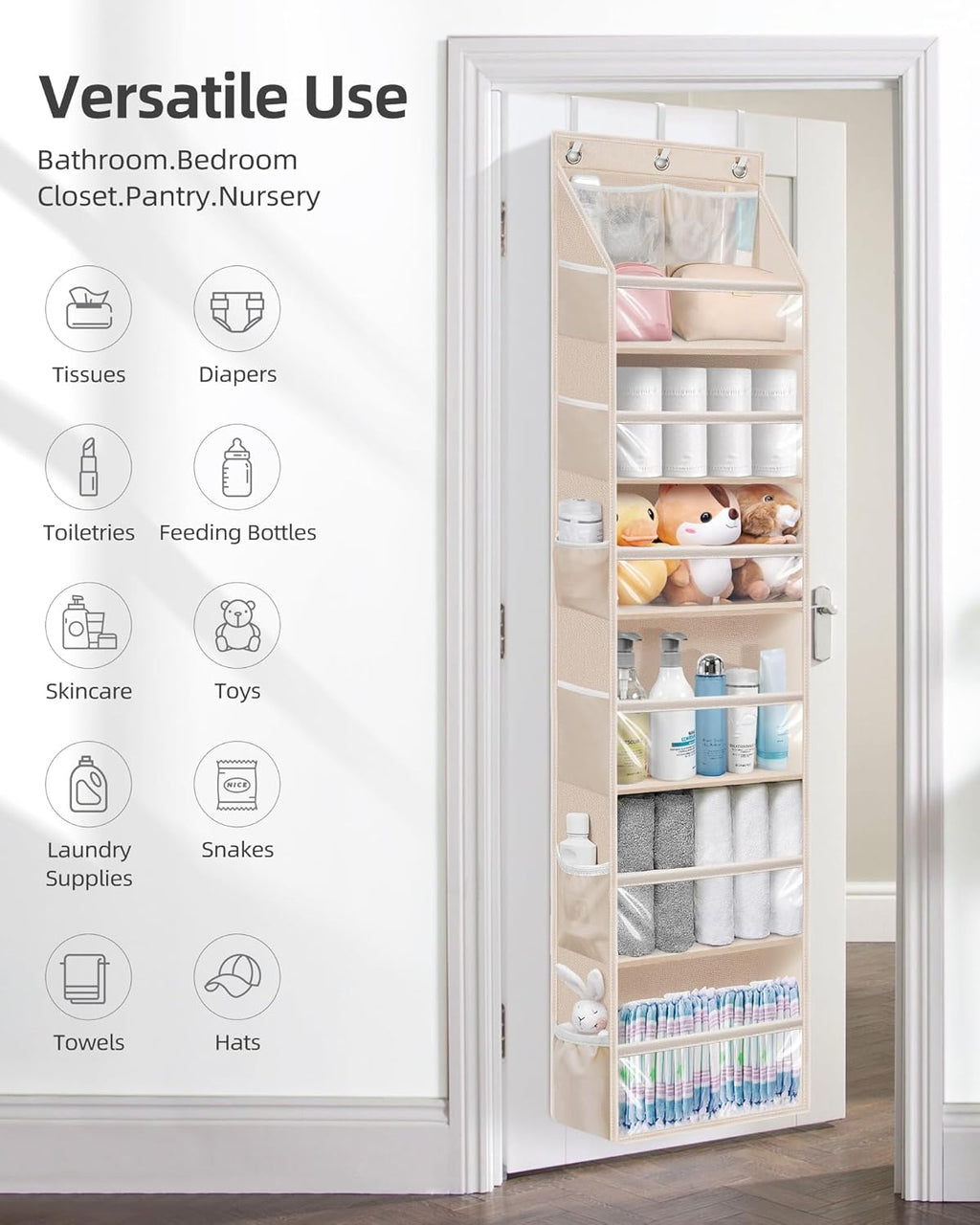 STORAGE MANIAC Over the Door Organizer Large Capacity Hanging Organizer, Clear Deep Pockets Behind Door Closet Organizer and Storage for Nursery, Bathroom, Bedroom, Pantry, 1 Pack Oat Beige