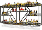 Metal Wine Rack Wall Mounted, Modern Wine Storage Rack Wall Mounted with Wine Glass Holder, Liquor Shelf, Bar Shelves for Liquor Bottles (3TIERS Black, 94.48 * 7.87 * 33.85INCH)