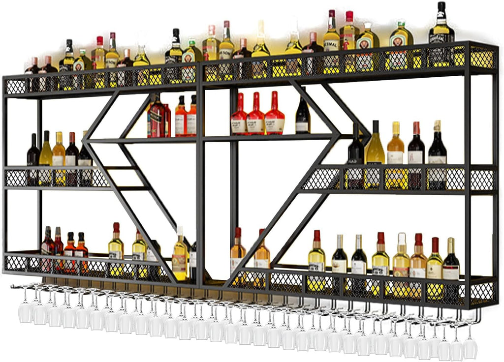 78.7in Metal Wine Rack Wall Mounted, Modern Wine Storage Rack Wall Mounted with Wine Glass Holder, Liquor Shelf, Bar Shelves for Liquor Bottles (3TIERS Black, 78.7 * 7.87 * 33.85INCH)