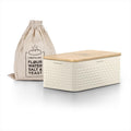 LARS NYSØM Bread Box I Metal Box with linen bag for long lasting freshness I Bread Bin with bamboo lid usable as cutting board I 13.4x7.3x5.3In (Almond Beige)