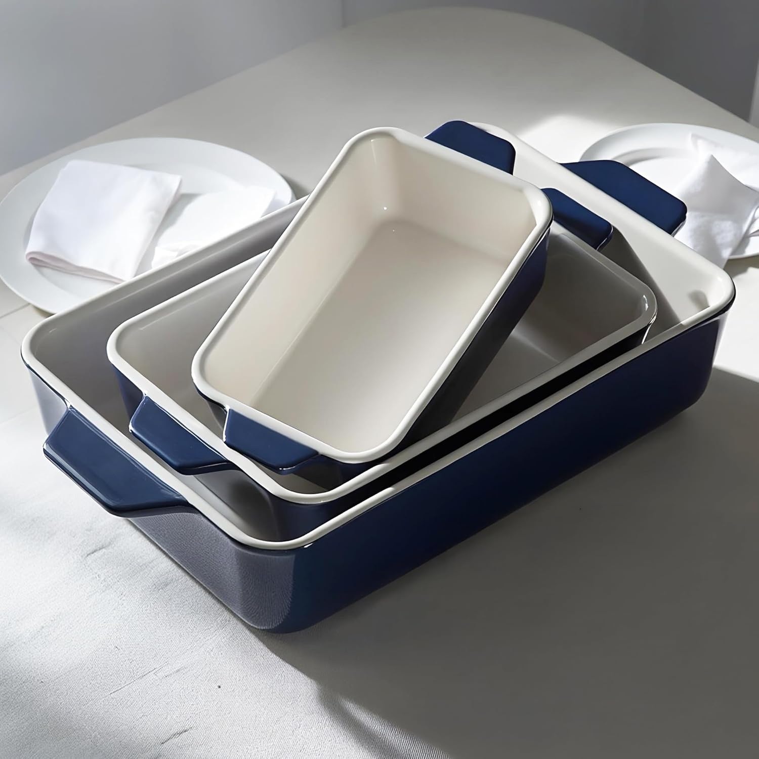 Kook Casserole Dish, Ceramic Baking Dish, Large Lasagna Pan Deep for Oven, 8.5 x 14, 11 x 7, 8 x 5, Set of 3, 92oz, 50oz, 20oz, Baking Pan with Handles, Oven Safe and Durable, Home, Gift, (Navy)