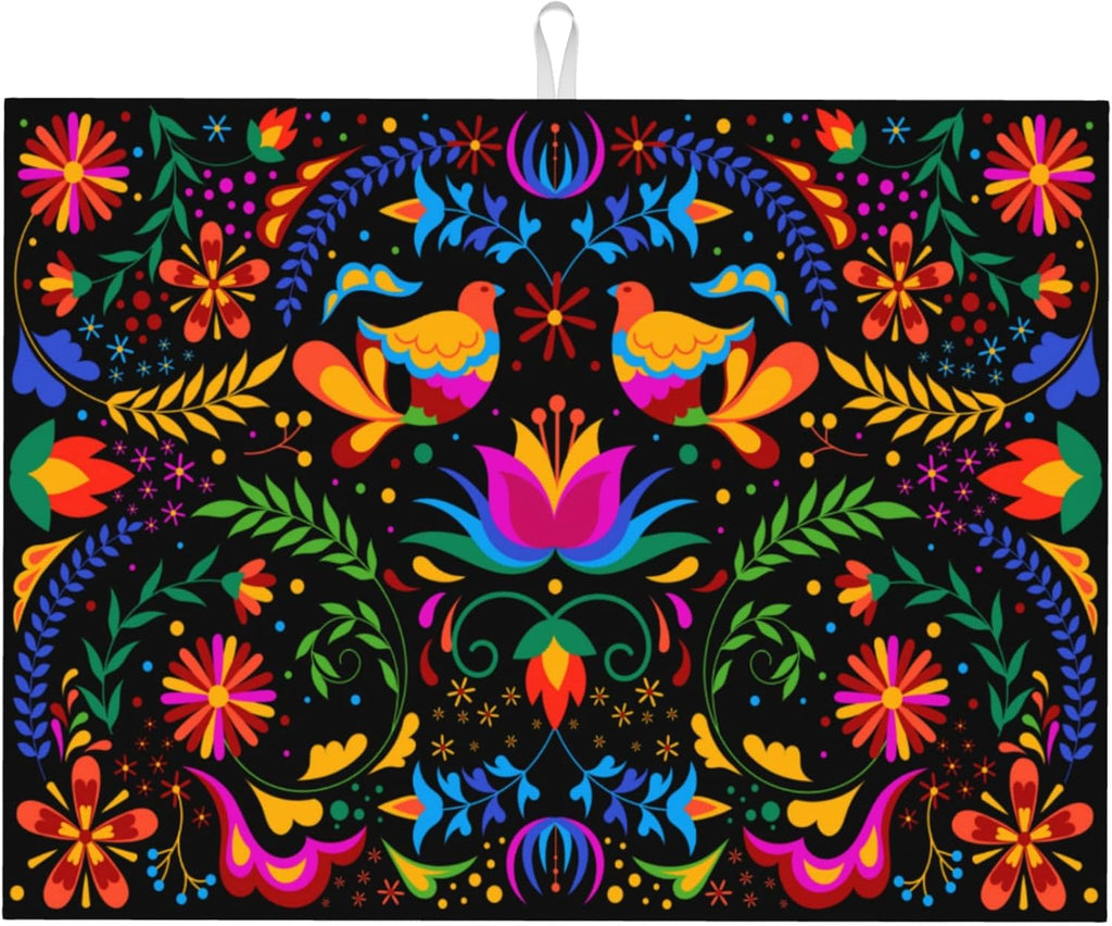 Mexican Flower Microfiber Dish Drying Mat for Kitchen Counter Mexican Dishes Pad Black Dish Drainer Rack Mats 18"x24" Absorbent Washable Reusable