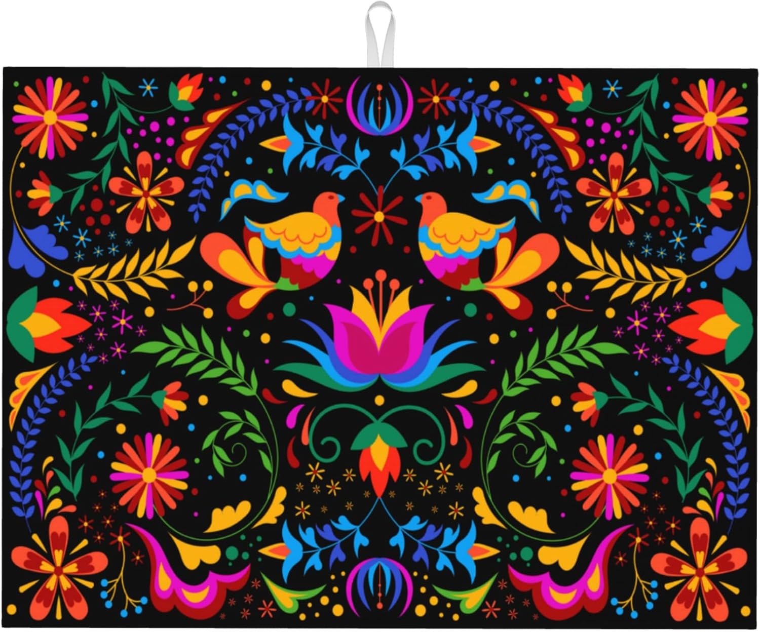 Mexican Flower Microfiber Dish Drying Mat for Kitchen Counter Mexican Dishes Pad Black Dish Drainer Rack Mats 18"x24" Absorbent Washable Reusable