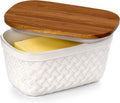 Nucookery Ceramic Butter Dish, Embossed Butter Keeper with Wood Lid for Countertop, Butter Holder and Container with Double Silicone Seal, Woven Pattern