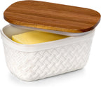 Nucookery Ceramic Butter Dish, Embossed Butter Keeper with Wood Lid for Countertop, Butter Holder and Container with Double Silicone Seal, Woven Pattern