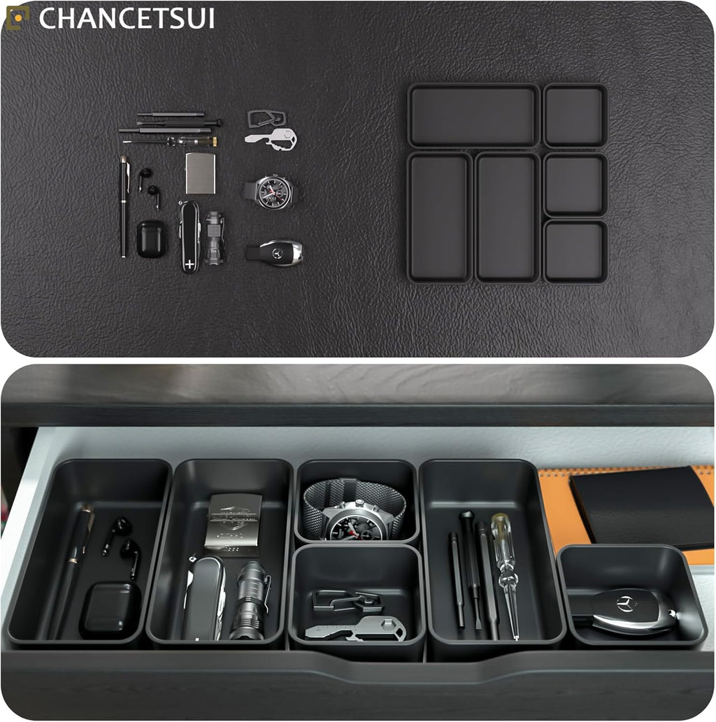 6 Pcs Stackable Drawer Organizer Set Desk Drawer Dividers, Bathroom Vanity Cosmetic Makeup Trays , Multipurpose Plastic Storage Bins for Jewelries, Kitchen Gadgets and Office Accessories, Black
