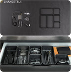 6 Pcs Stackable Drawer Organizer Set Desk Drawer Dividers, Bathroom Vanity Cosmetic Makeup Trays , Multipurpose Plastic Storage Bins for Jewelries, Kitchen Gadgets and Office Accessories, Black