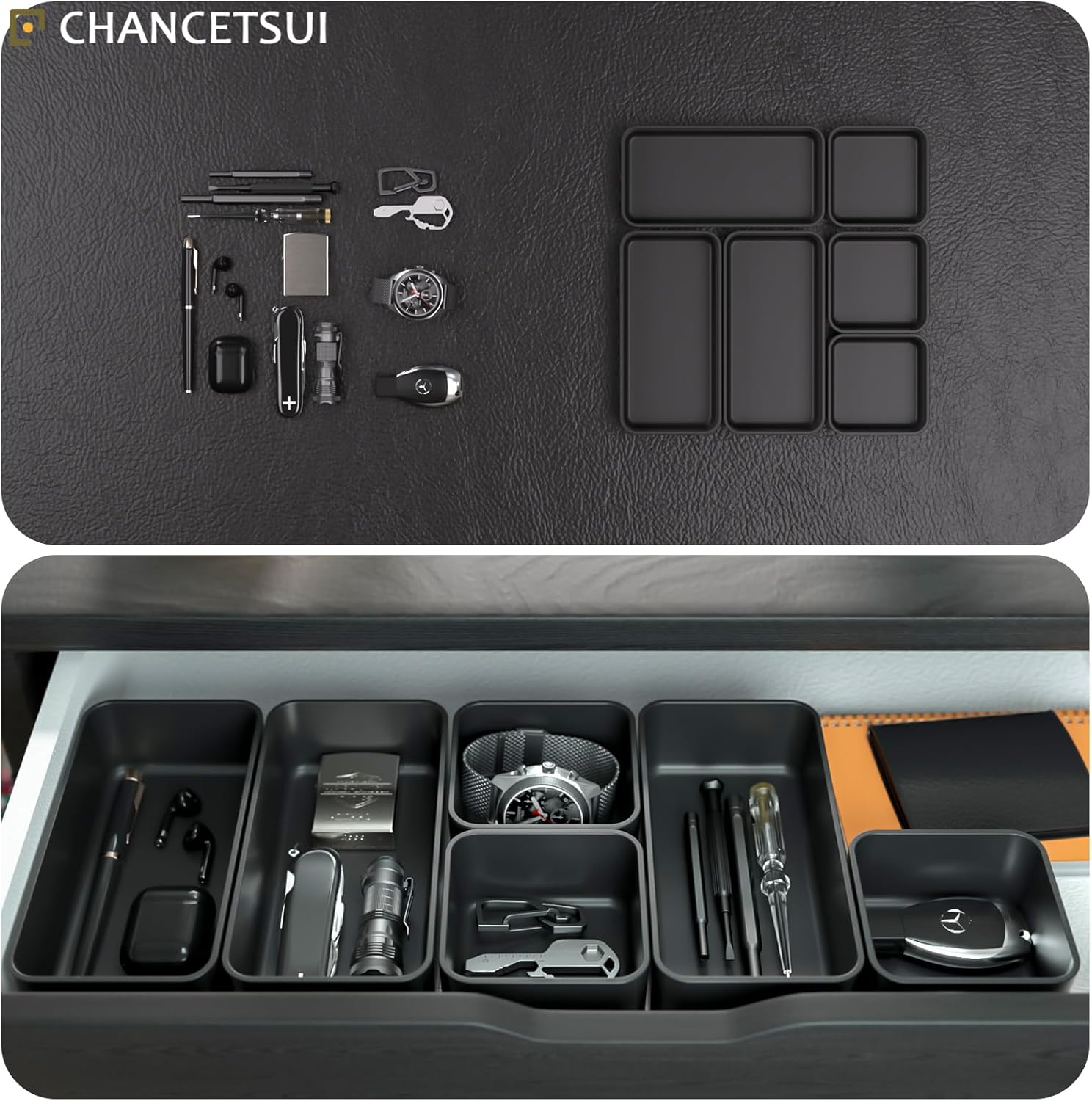 6 Pcs Stackable Drawer Organizer Set Desk Drawer Dividers, Bathroom Vanity Cosmetic Makeup Trays , Multipurpose Plastic Storage Bins for Jewelries, Kitchen Gadgets and Office Accessories, Black