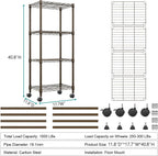 1000 lbs 4-Shelf Adjustable Heavy Duty Steel Wire Rack, Adjustable Storage Shelving Unit with Wheel for Kitchen, Garage, Laundry Brown 11.8" D x 17.7" W x 40.8" H