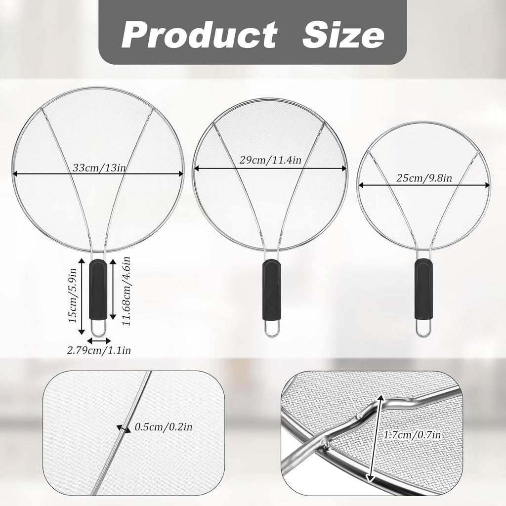 Splatter Screen for Cooking - Stainless Steel Grease Splatter Guard for Frying Pan, Ultra Fine Mesh Lids Set of 3(9.8", 11.4", 13")