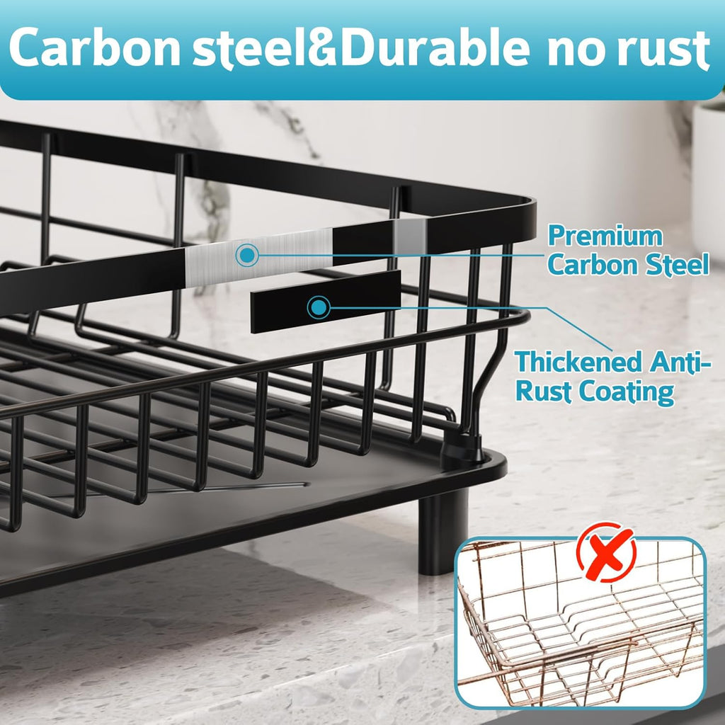 Dish Drying Rack - Space Saving Dish Rack - Dish Racks for Kitchen Counter with Drainboard,Rustproof Dish Drainer with Removable Utensil Holder,Black