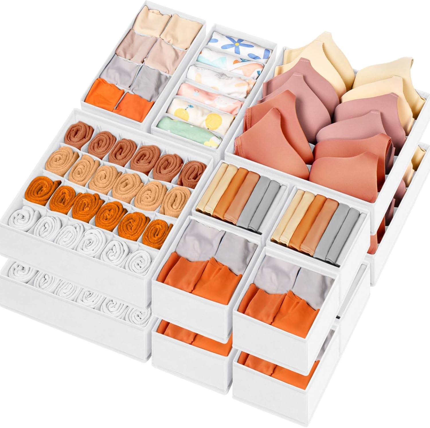 Drawer Organizer Clothes, 16 Pack Dresser Organizer Bins for Baby Clothes, Underwear Sock, Fabric Closet Organization and Storage Dividers for Nursery Bedroom (96 Compartments, White)