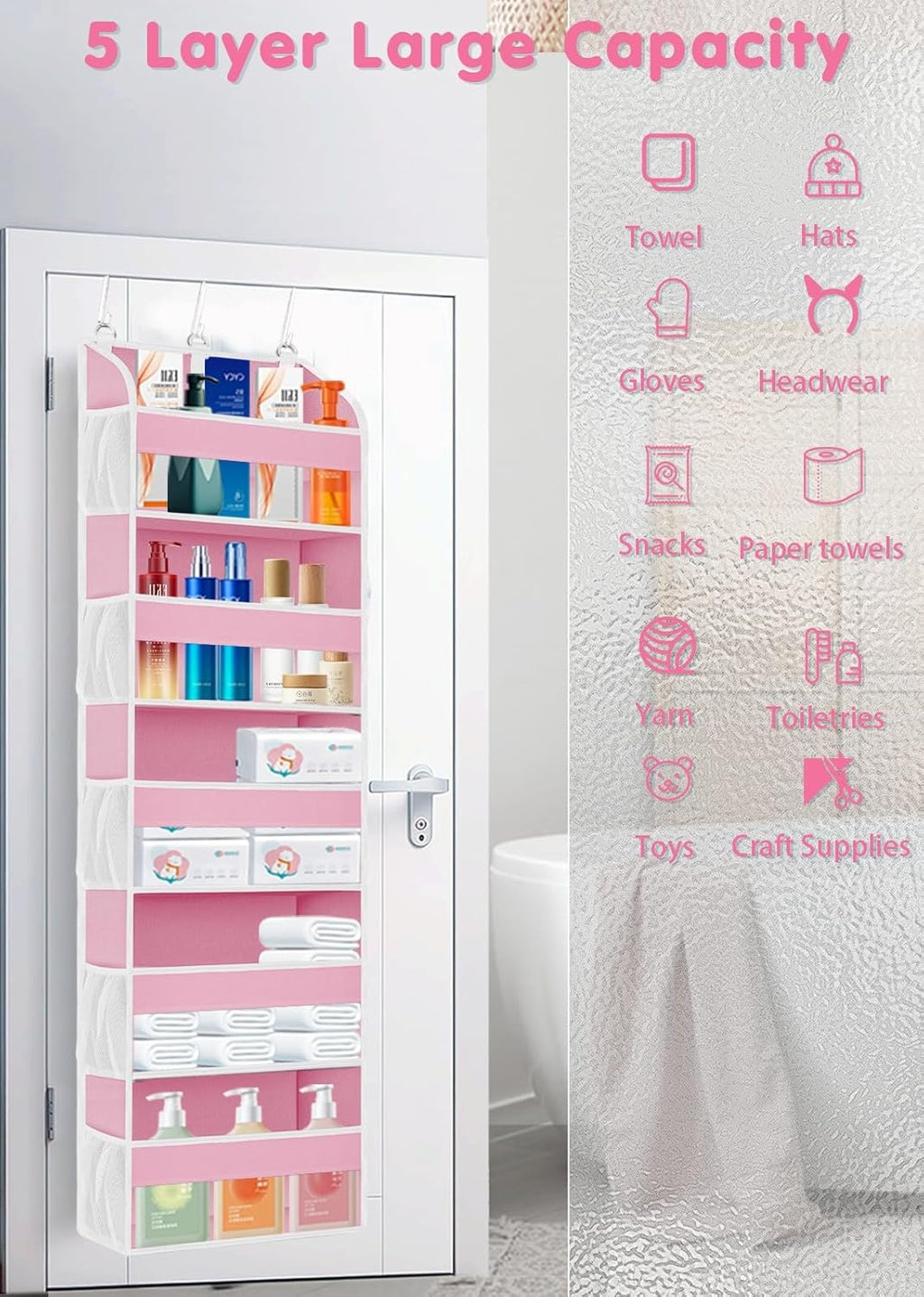 2 Pack Over The Door Storage Organizer with 5 Pockets 10 Mesh Pockets, 44 lbs Weight Capacity Door Hanging Organizers and Storage for Bedroom,Bathroom,Nursery,Kidroom,Babyroom