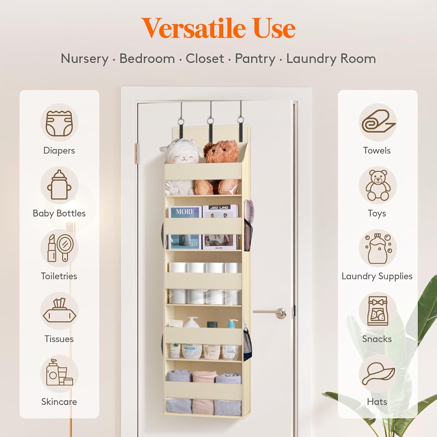 Lifewit 1 Pack Over the Door Organizer, 5 Shelf Clear Window Hanging Storage with 4 Mesh Side Pockets, Anti Tilt 40 lbs Load Behind Door for Pantry, Nursery, Bathroom, Bedroom, Kitchen, Dorm, Beige