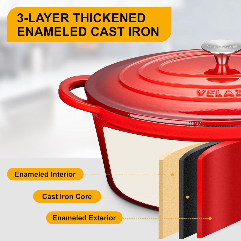 Velaze 7.5 QT Enameled Oval Dutch Oven Pot with Lid, Cast Iron Dutch Oven with Dual Handles for Bread Baking, Cooking, Frying, Non-stick Enamel Coated Cookware (RED)
