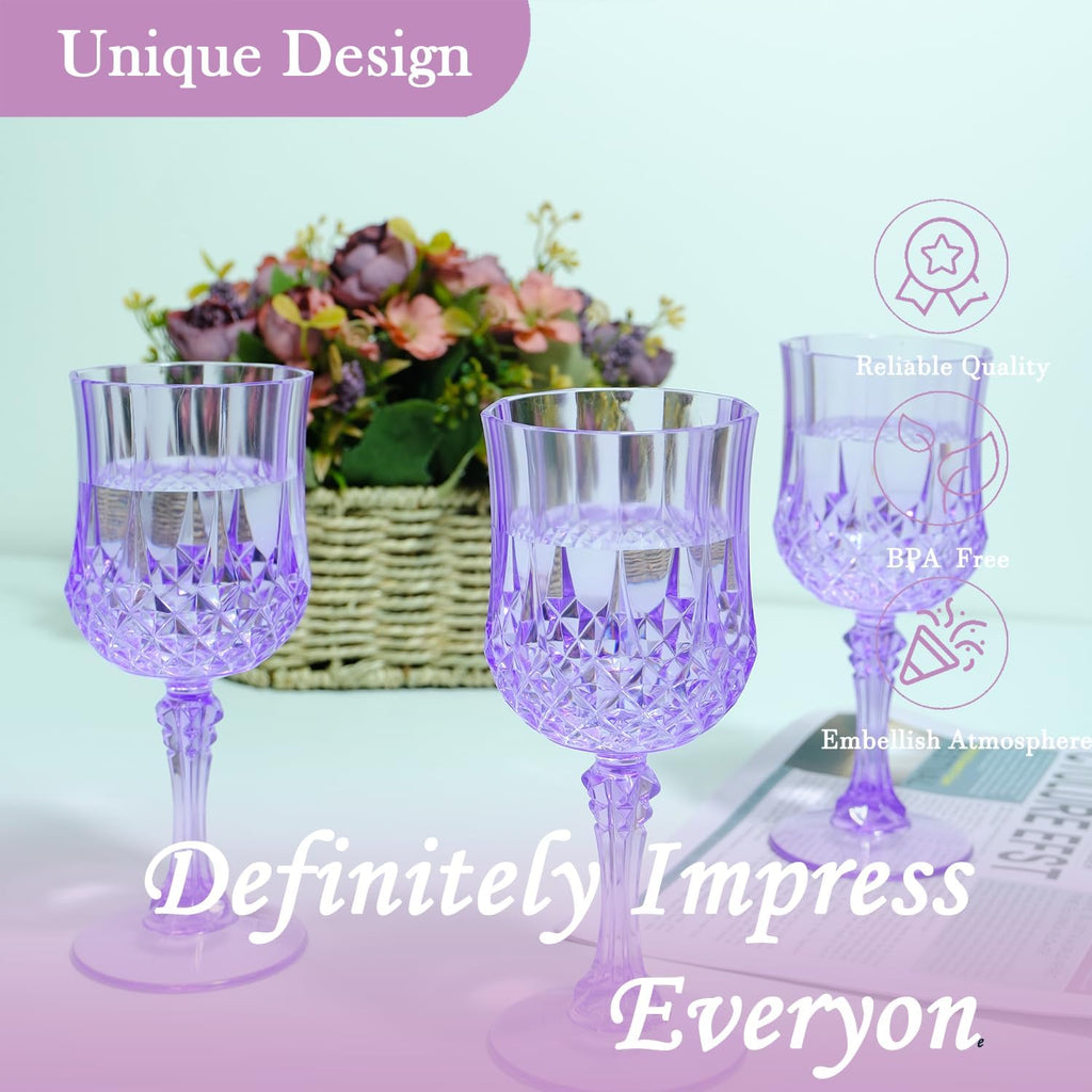 Plastic Wine Glasses，Plastic Goblets Vintage Style Cordial Drinking Glasses for Wedding Reception, Grand Event Party Supplies (24, Purple)
