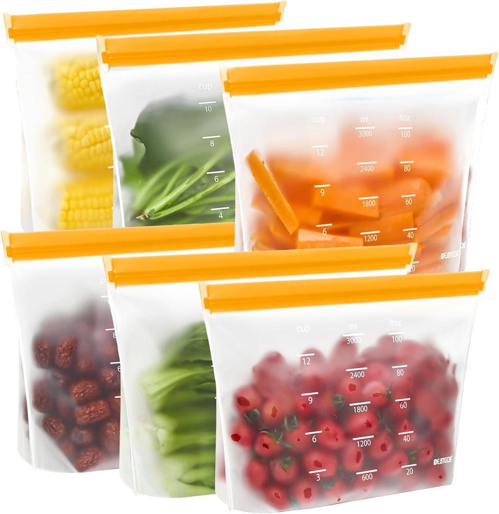 IDEATECH Gallon Freezer Bags Stand Up, Dishwasher Safe & Leakproof Reusable Gallon Bags, Extra Large & BPA Plastic Free Reusable Food Storage Bags for Meats, Veggies(6 Pack)