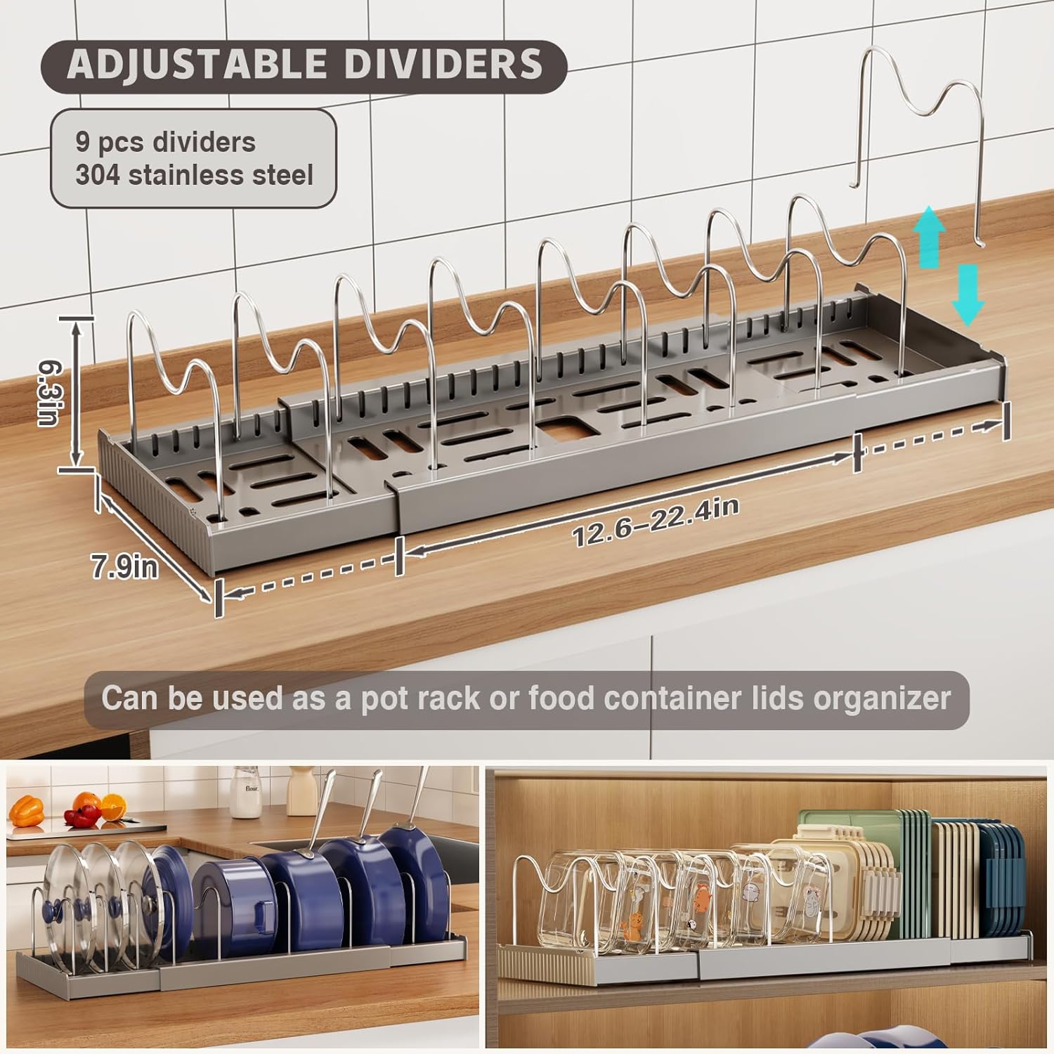 Expandable Food Storage Container Lid Organizers, 22" Pots and Pans Organizer Under Cabinet with 9 Adjustable Dividers Pot and Pan Lid Holders Rack Inside Cabinet(Gray,1 Pack)