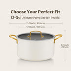 BEZIA Non Stick Stock Pot With Lid, 12 Quart Large Stockpot for Catering for Groups and Events, Induction Cooking Pot for All Stoves, Sturdy & Double Handle, Ideal for Soups & Stews, Cream