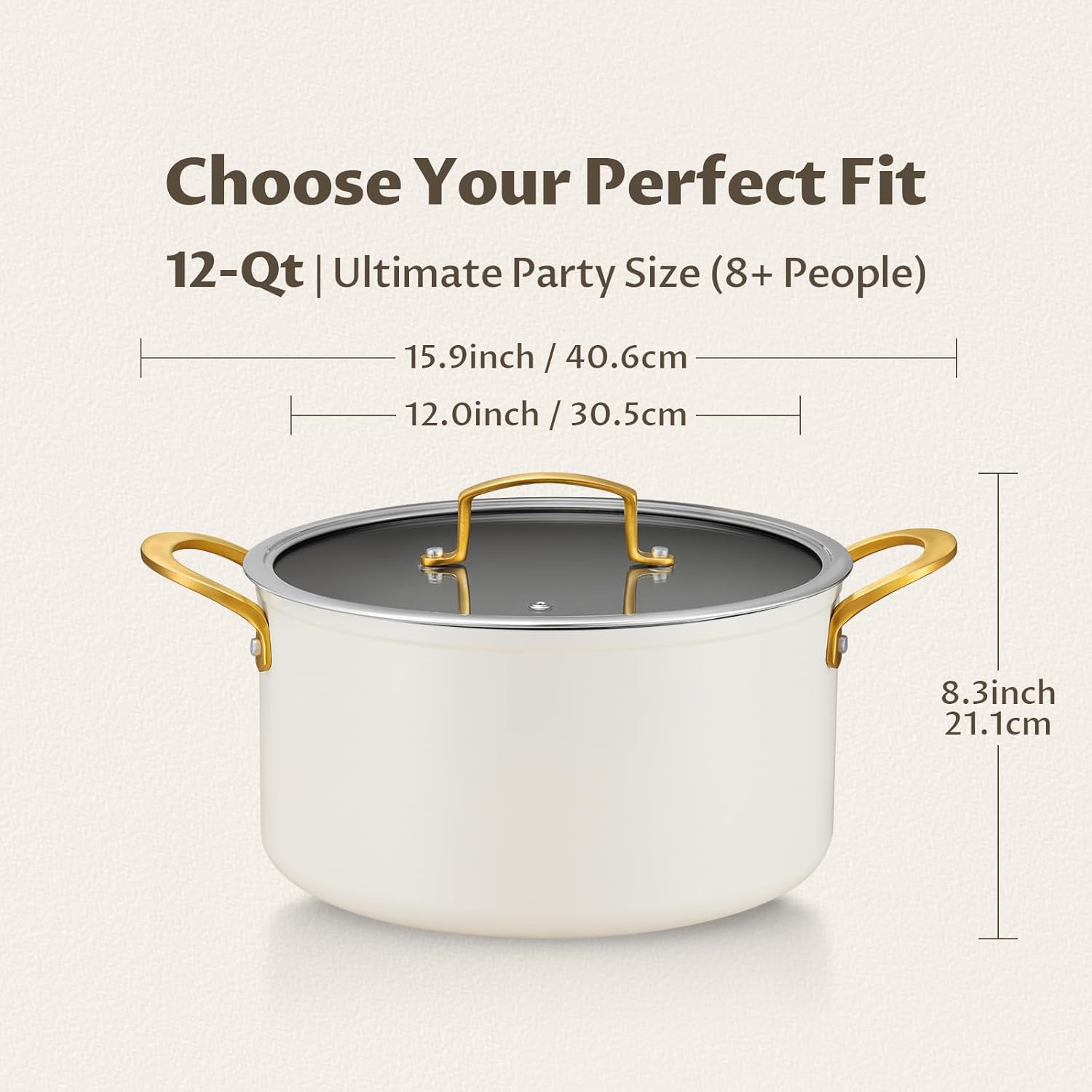 BEZIA Non Stick Stock Pot With Lid, 12 Quart Large Stockpot for Catering for Groups and Events, Induction Cooking Pot for All Stoves, Sturdy & Double Handle, Ideal for Soups & Stews, Cream