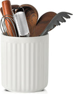 Hasense Utensil Holder, 7.3” x 6.2” Farmhouse Utensil Holder for Kitchen Countertop, Ceramic Cooking Utensil Crock, Kitchen Utensil Organizer for Wedding Gift, Spatula Holder for Counter, White