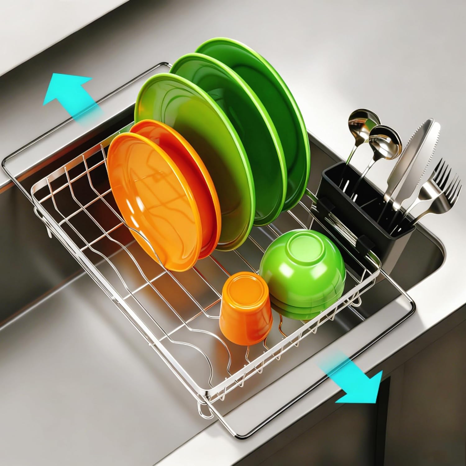 MERRYBOX Sink Dish Drying Rack, Expandable Stainless Steel Dish Drying Rack in Sink/Over The Sink with Large Cutlery Holder for Kitchen Counter(Adjustable 15.4" to 23" cm)