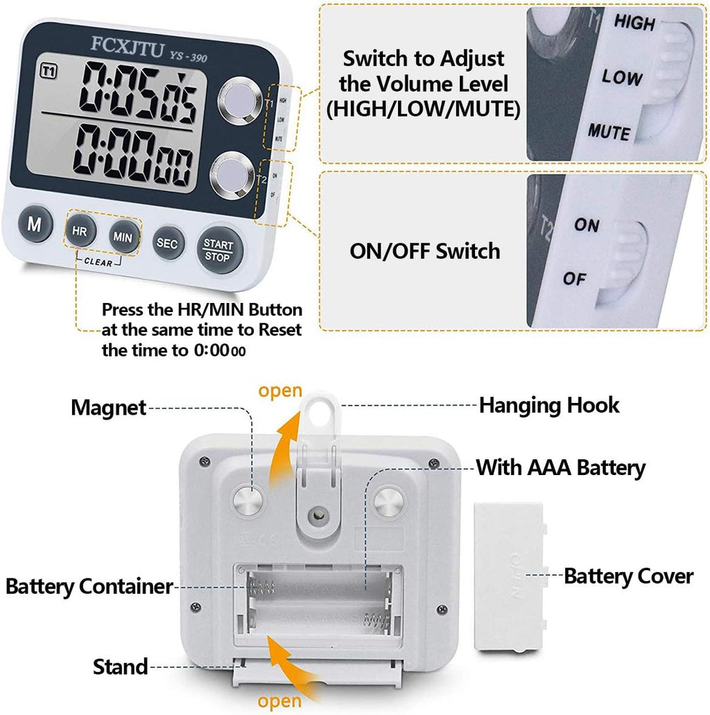 Digital Dual Kitchen Timer with Magnetic Back & Memory Presets, 2 Groups Countdown/Up Stopwatch Timer, 3-Level Volume + LED Alert, On/Off, 100Hr Max for Cooking, Baking (Battery Included)