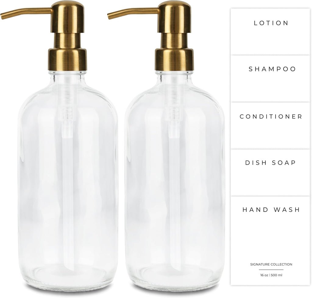 Emerson Essentials Soap Dispenser, Dish Bottles for Kitchen - Soap Bathroom Set, Glass Bottle Dispenser with Pump and Labels, 16 Oz | 2-Pack