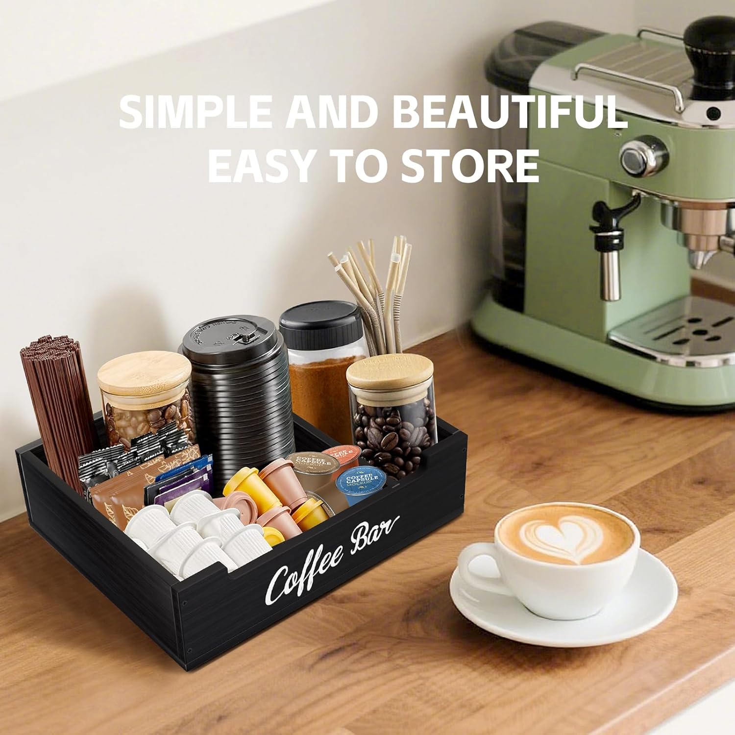 Coffee Pod Bar Station Wooden 14" X 10" X 4" Organizer Box for Countertop, Counter Top Tea Espresso Cup Wood Storage Box, Black