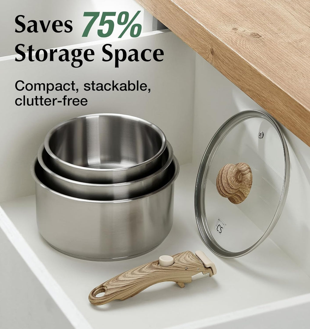 KOCH SYSTEME CS Stainless Steel Saucepan Set 1.5QT & 2QT & 3QT, Stainless Steel Pot with Removable Handle, 6pcs Sauce Pan Set with Tri-Ply Steel Base, Induction Compatible Pots, Dishwasher & Oven Safe