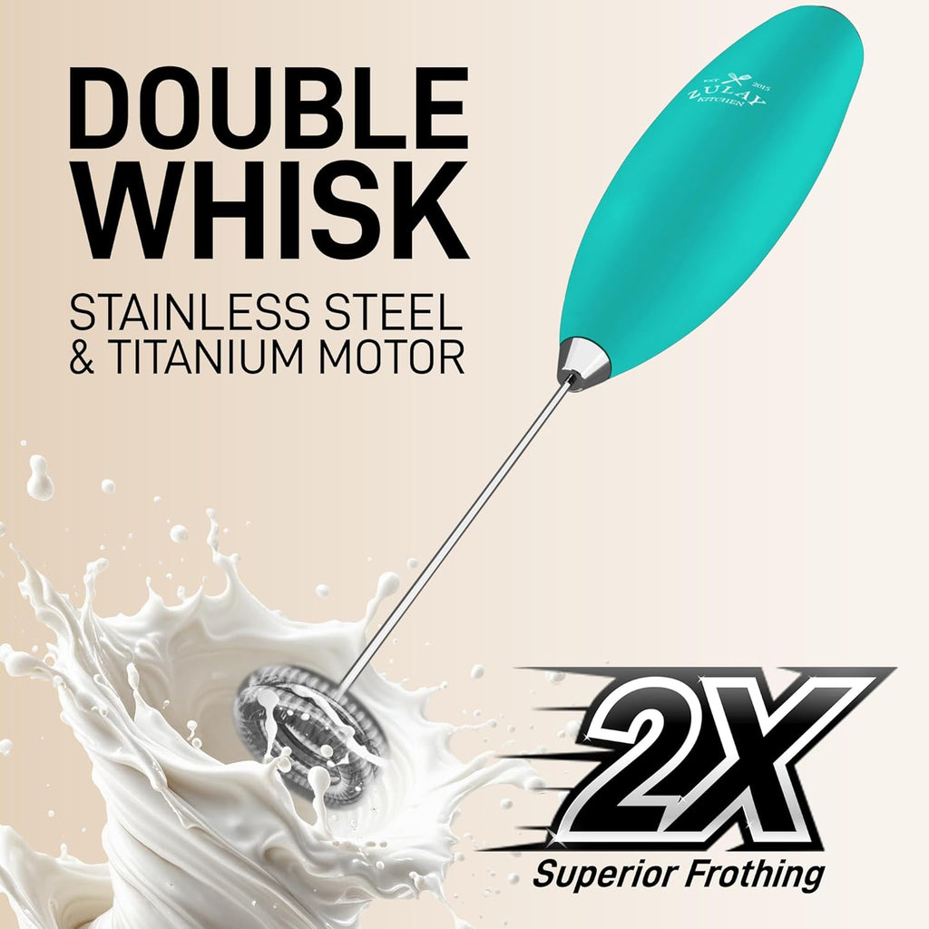 Zulay Kitchen Powerful Double Whisk Milk Frother Handheld - Foam Maker With Stand - Whisk Drink Mixer for Coffee, Mini Foamer for Latte, Matcha, Frappe, Hot Chocolate & Cappuccino (Caribbean Aqua)