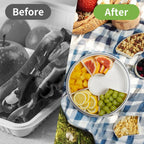 Snackle Box Container, Round Divided Serving Tray with lid 6parts for Veggie, Candy and Nuts Organizer for Travel, Party and Picnic (Cream/Silver)