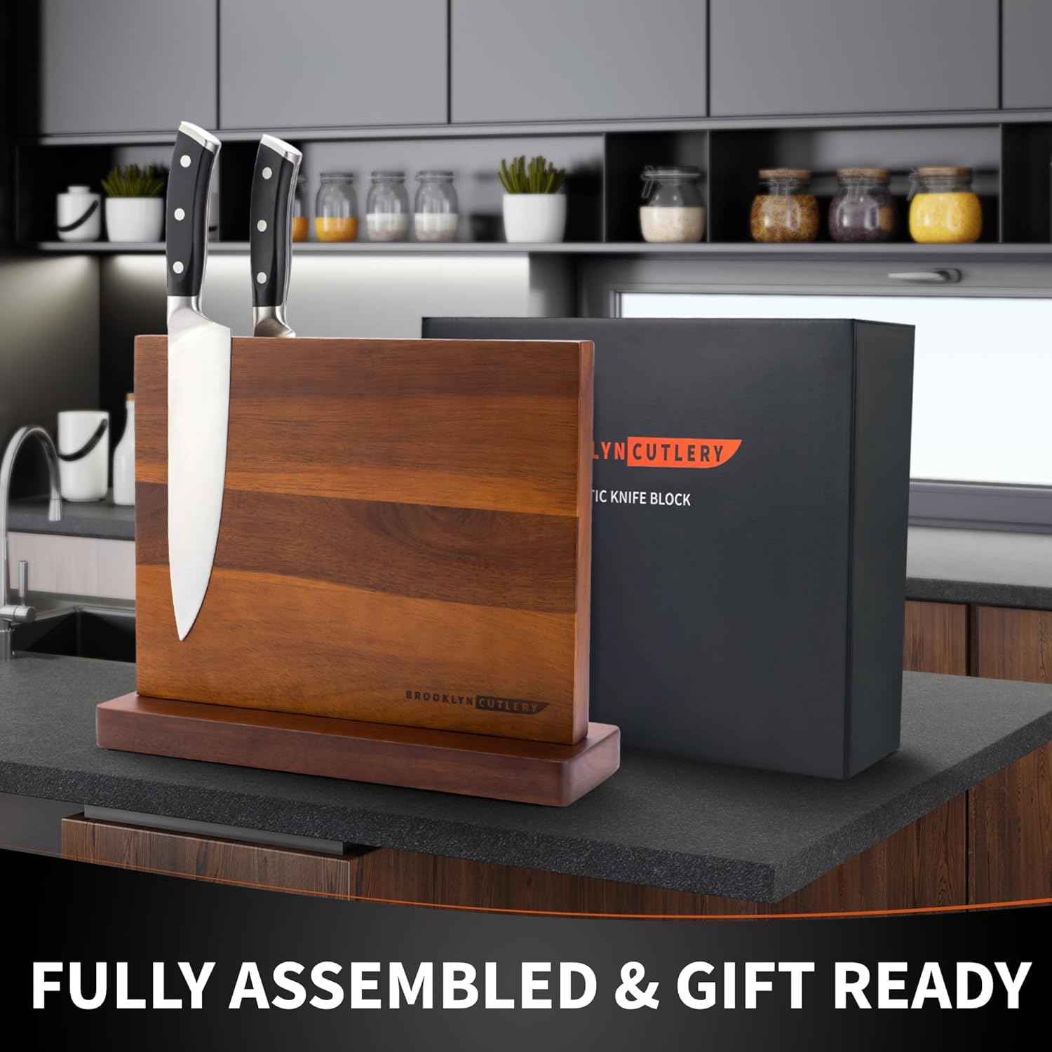 Magnetic Knife Block, Acacia Wood Magnetic Knife Holder for Kitchen Counter Universal Knife Block Without Knives (12 x 10)
