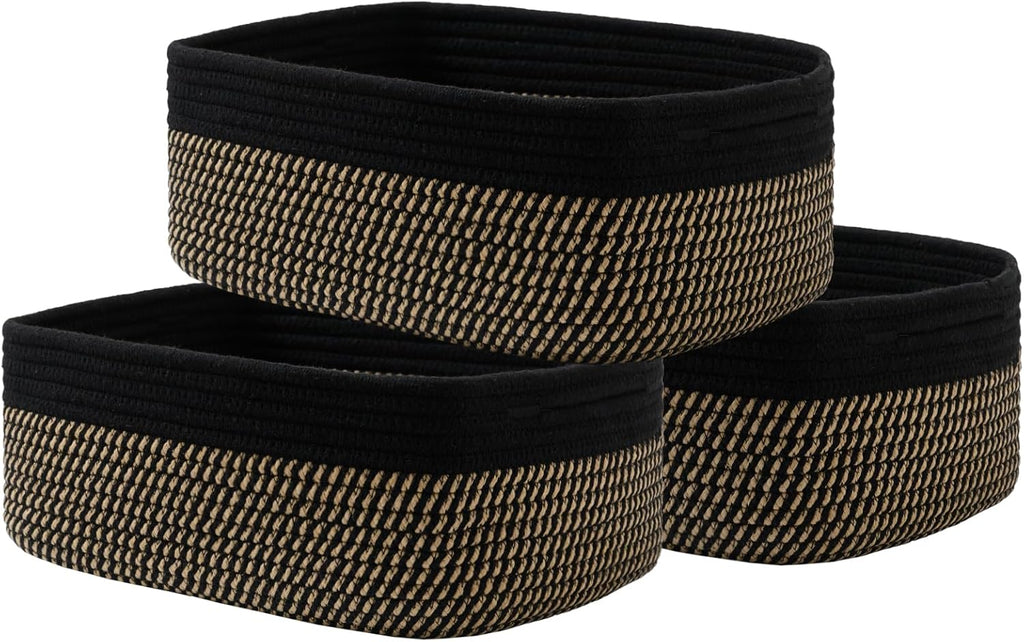 Small Woven Basket, 13.5 x 9.5 x 5 Inches, Storage Basket for Organizing, Cute Small Rope Shelf Closet Cube Storage Bins Baskets for Shelves, Dog Toy Gift Baskets Empty, 3 Pack Black & Brown