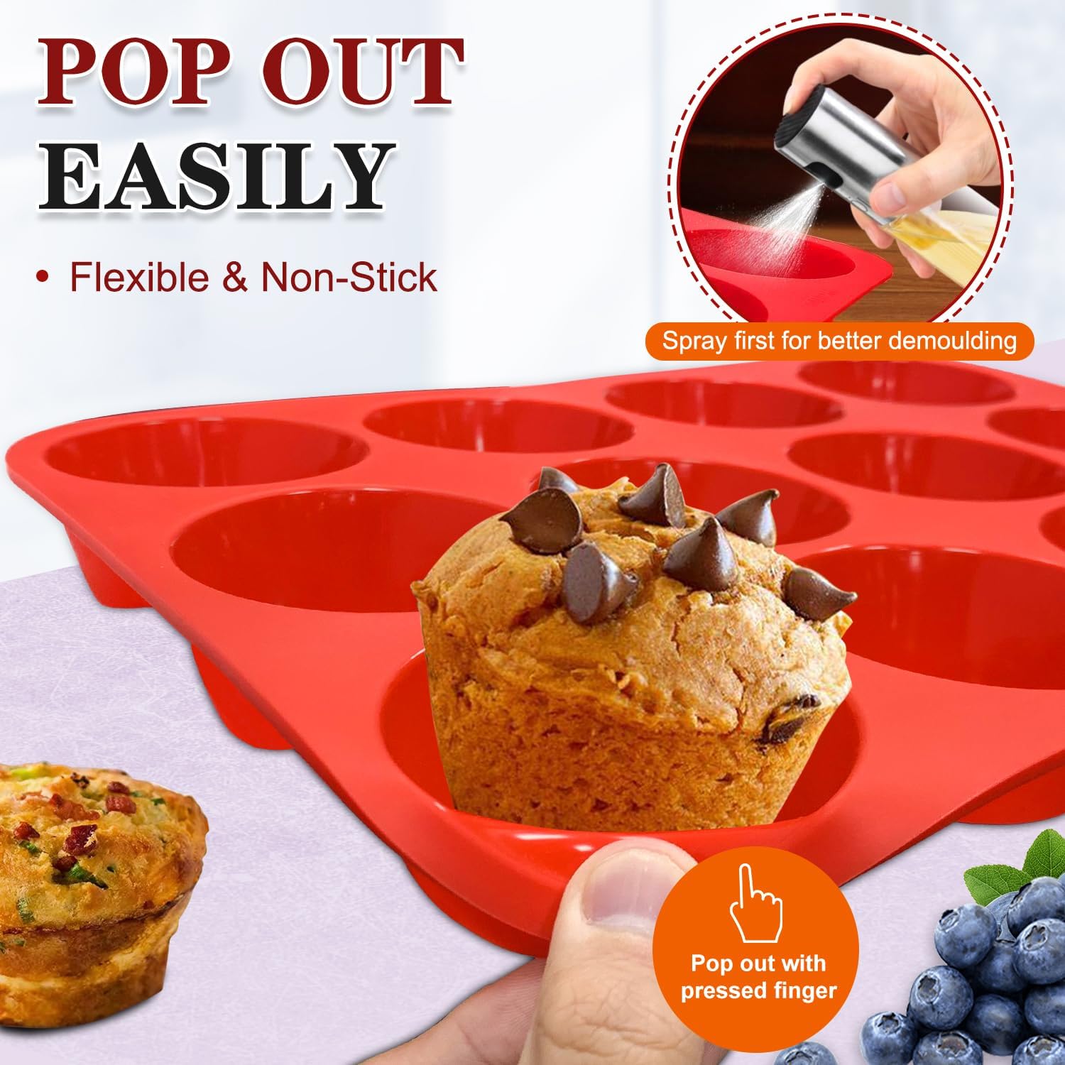 Walfos Silicone Muffin Pan Set of 3, Including Regular 12 Cups Muffin Pans, 24 Cups Mini Muffin Pan & 6 Cups Muffin Top Pan, Non-Stick Cupcake Pan, Easy to Pop Out & Dishwasher Safe