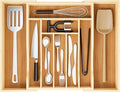 Expandable and Adjustable Bamboo Drawer Organizer Tray - Cutlery Drawer Organizer for Kitchen Utensils, Silverware Organizer with Dividers, 7-9 Slots with Curved Grooves (Natural)