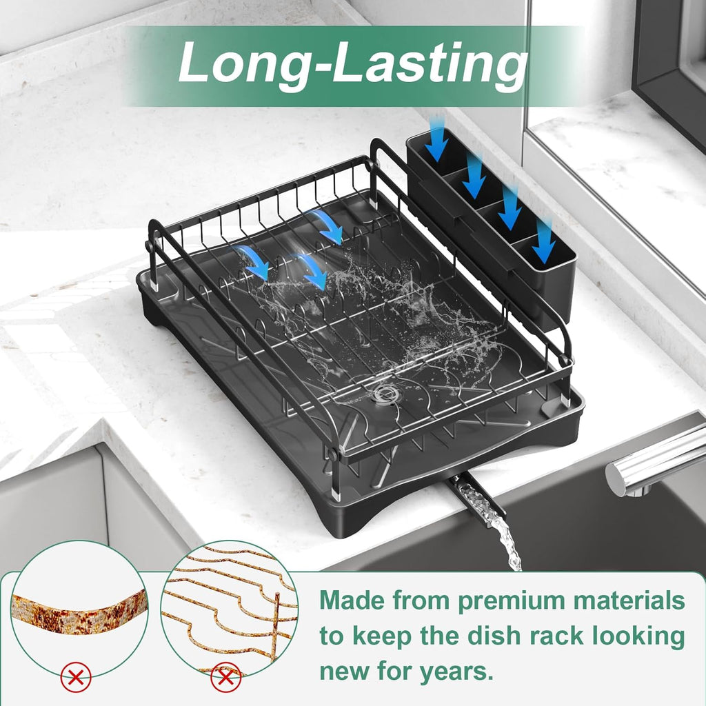 Dish Drying Rack for Kitchen Counter, Large Dish Drying Rack with Utensil Holder & Cutlery Tray, Dish Drainer with Drainboard, Black