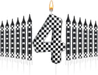 13 Pcs Racing Cars Themed Birthday Candles Black and White Race Number 4 Checkered Candle Cake Topper for Racing Car Party Decoration Supplies (Number 4)
