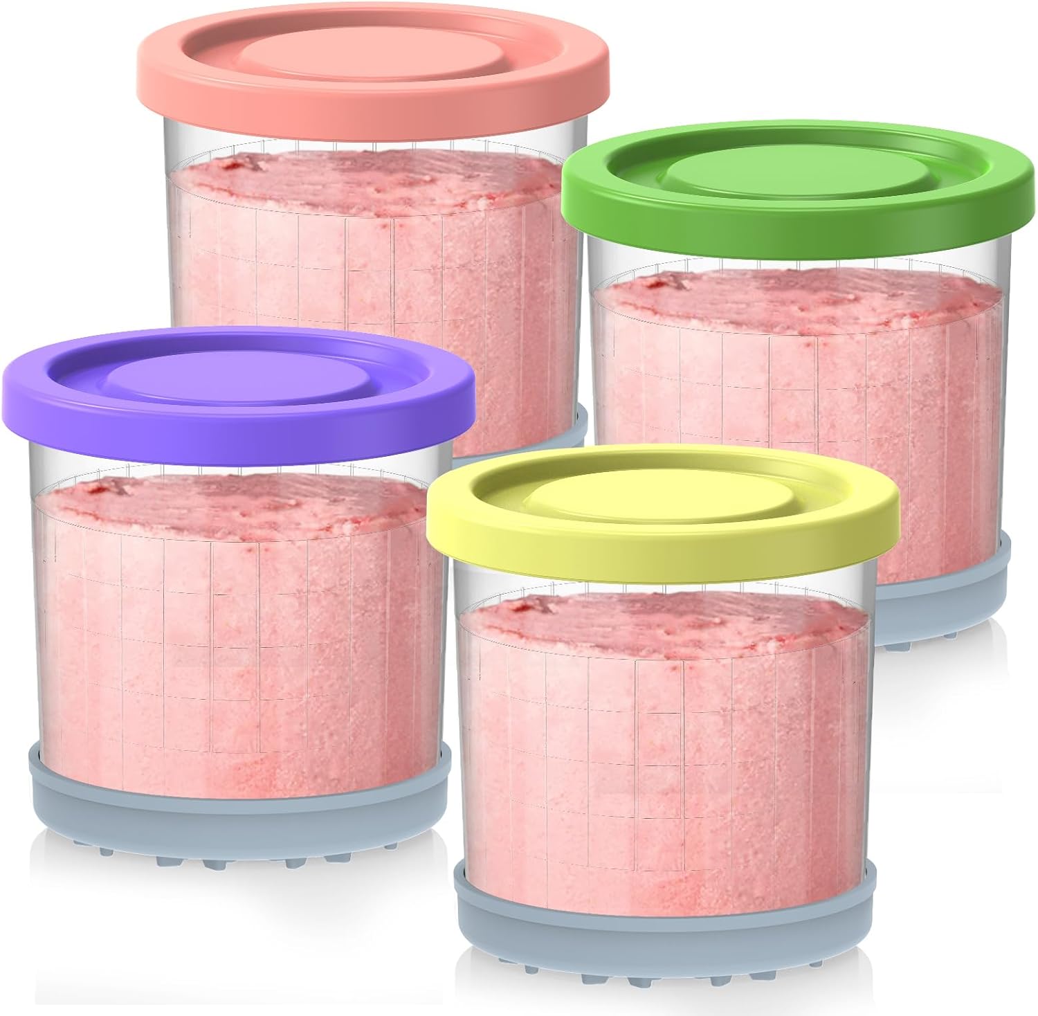 Containers Replacement for Ninja Creami Pints and Lids - 4 Pack, 16oz Cups Compatible with NC301 NC300 NC299AMZ NC290 Series Ice Cream Maker, Airtight Anti-slip