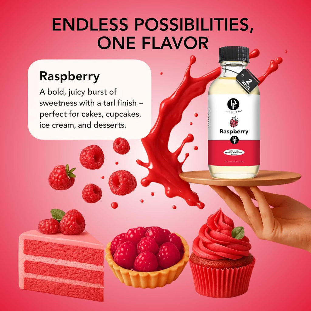 Dolce Flav Natural Raspberry Extract 2 oz – Kosher, Sugar-Free, Concentrated Tart Raspberry Flavoring for Baking, Beverages & Desserts, Includes Measured Dropper