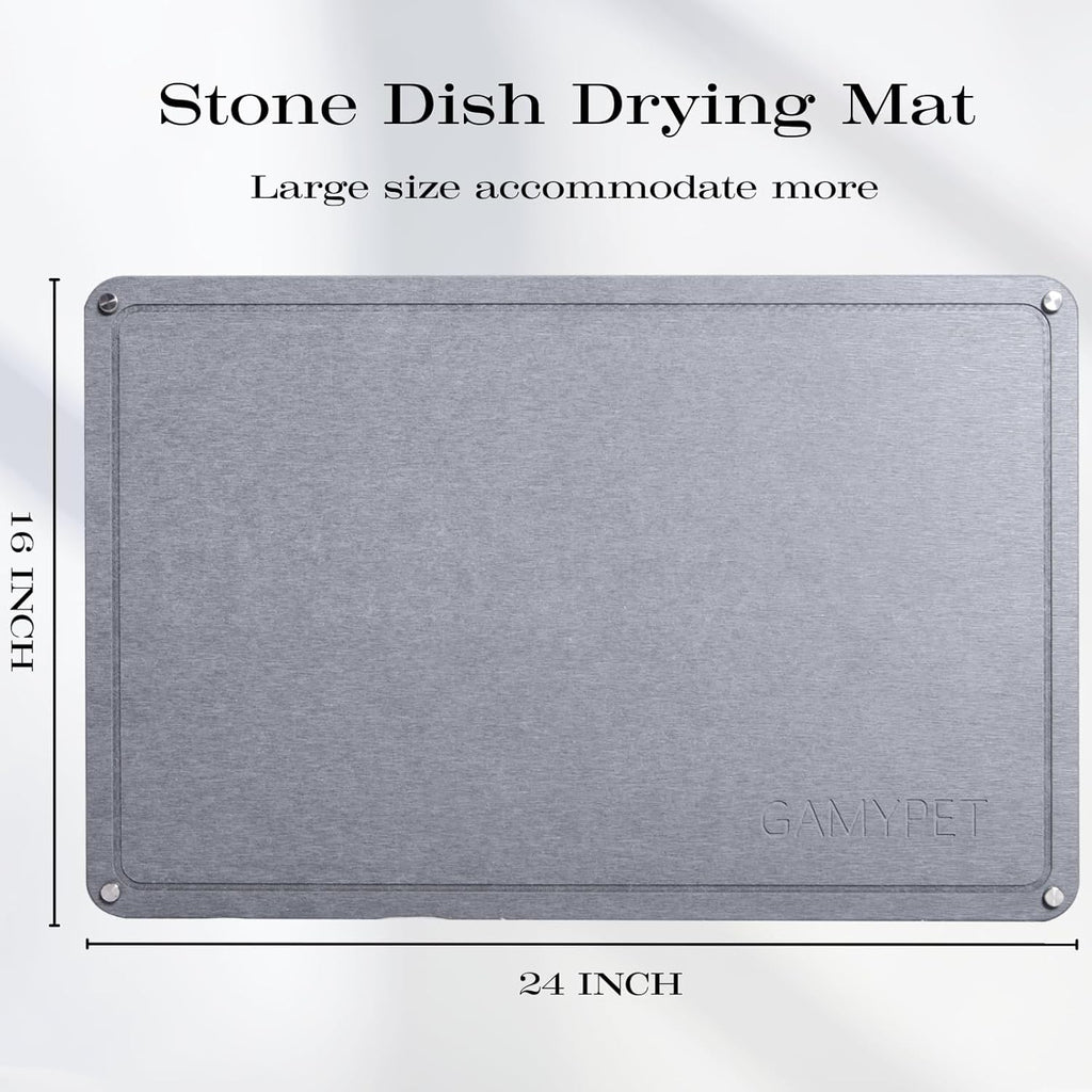 Stone Dish Drying Mat 24"×16" Large Diatomaceous Earth Dishes Quick Dry Pad for Kitchen Counter with Heighten Stainless Steel Feet, Fits Various Countertops & Drain Bowl Racks, Dark Gray