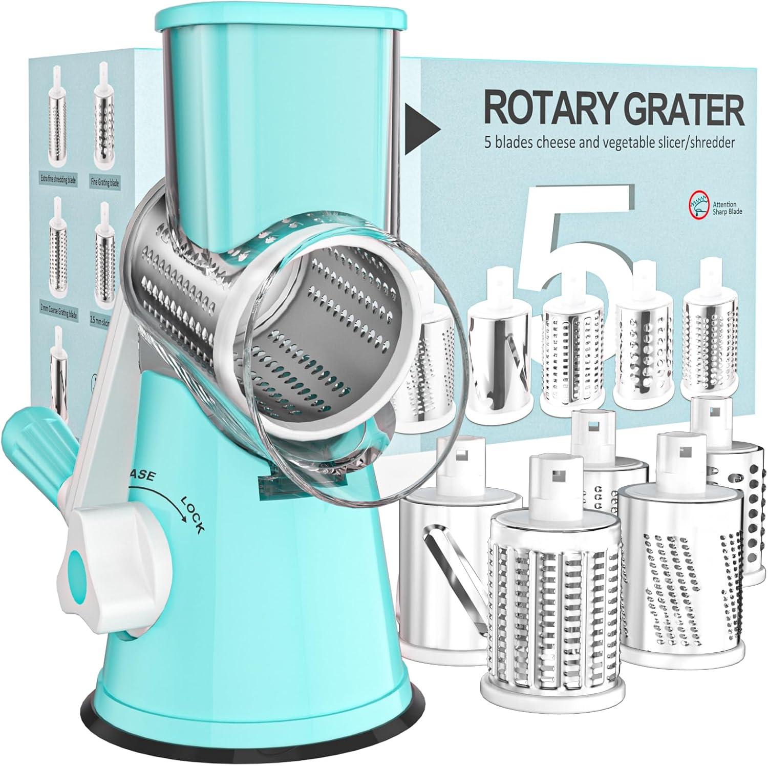 Cambom Rotary Cheese Grater Hand Crank Cheese Shredder for Fresh Cheese, Vegetable, Nuts,Non-slip Suction Base, Five Blades, Blue