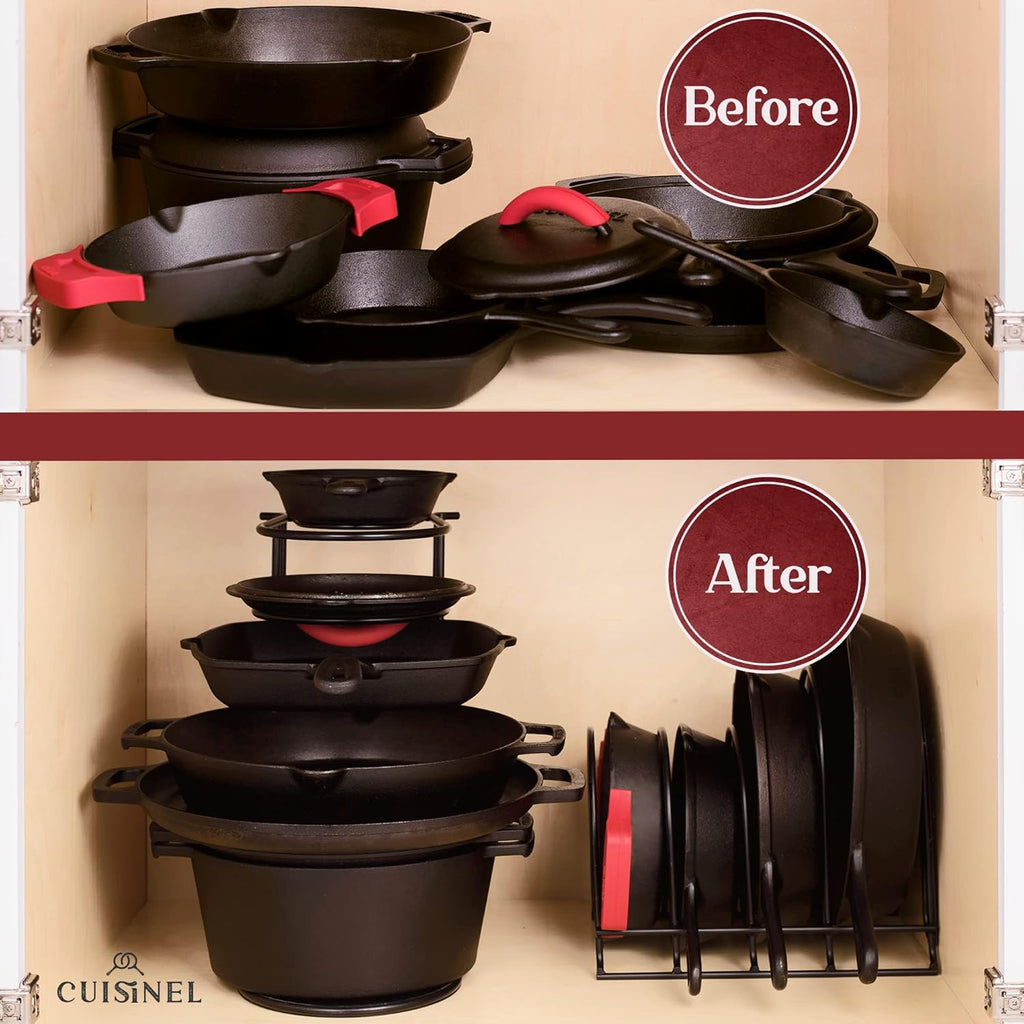 Cuisinel Pots and Pans Organizer Rack - Heavy Duty 60-LBS Capacity - 6mm Thick - Made in India - Matte-Black 12.2"-Tall 5-Tier Space-Saving Kitchen Storage for Cast Iron Cookware, Skillet, Dish, Plate