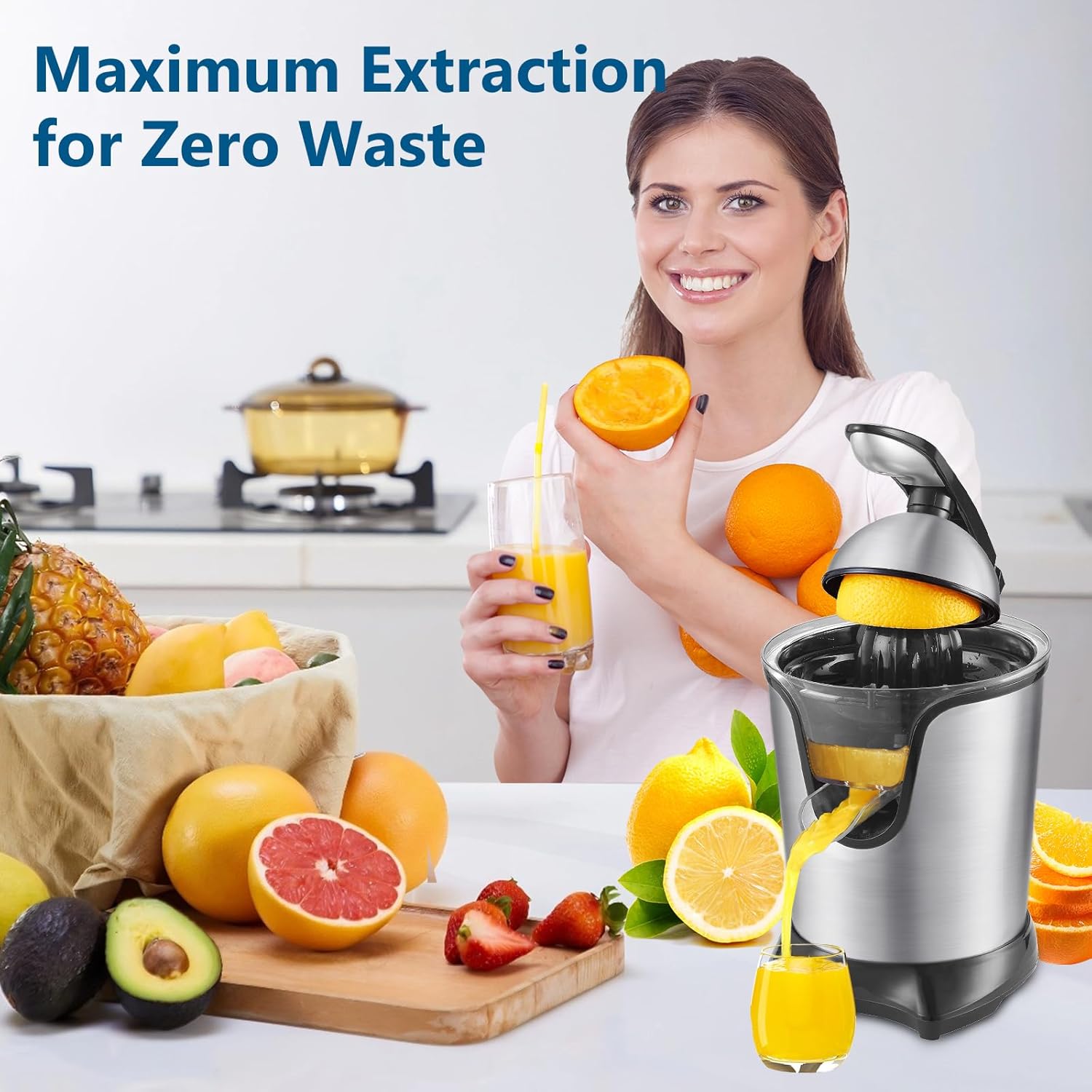 Citrus Juicer, Orange Juicer Machine, Stainless Steel Hands Free Lime Grapefruit Squeezer, Electric Citrus Juicer for Juice, Fruits, Lemons