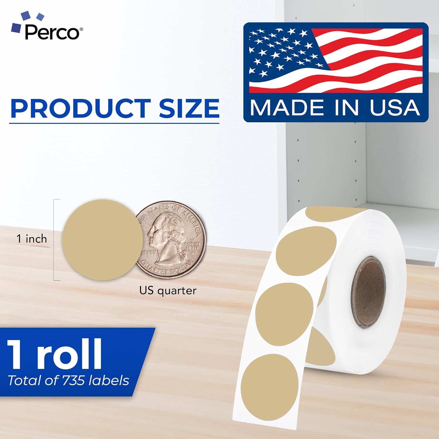 Perco Light Brown 1-inch Round Circle Thermal Sticker Labels - 735 Labels/Roll, Direct Thermal Printer Compatible, Permanent Adhesive, Vibrant Colors, Strong Hold, Perforated for Easy Use—Made in USA